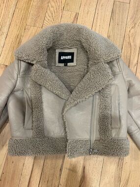 Apparis Taupe Shearling-Trim Leather Biker Jacket